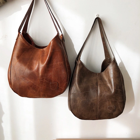 Borsa Tote in Pelle PU Vintage da Donna Grande Capacità Borsa a Tracolla Hobo Con Cuciture Patchwork Casual Retrò