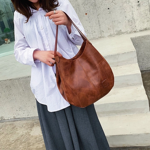 Borsa Tote in Pelle PU Vintage da Donna Grande Capacità Borsa a Tracolla Hobo Con Cuciture Patchwork Casual Retrò