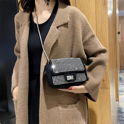Fashion Rhinestone Crossbody Bag For Women Trendy Small Square Chain Shoulder Bag Elegant Evening Party PU Flap Purse