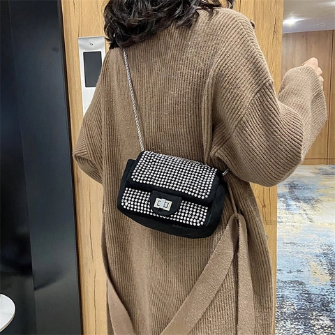 Fashion Rhinestone Crossbody Bag For Women Trendy Small Square Chain Shoulder Bag Elegant Evening Party PU Flap Purse