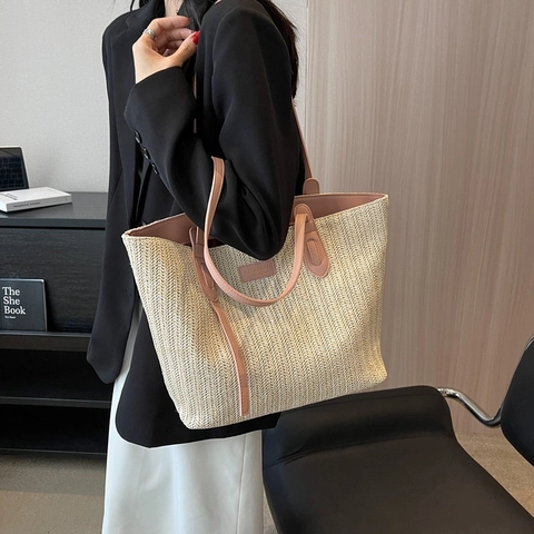 Borsa Tote in Paglia Intrecciata da Donna Grande Capacità Borsa a Tracolla Spiaggia Estate Con Rifiniture in Pelle PU Minimalista