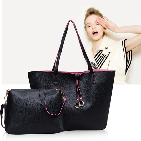 Juego De Bolso Tote De Cuero PU Con Grano De Litchi De Gran Capacidad Y Bolso Bandolera Para Mujer Bolso De Hombro De Color Contrastante Con Anillos De Metal