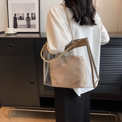 Transparente PVC Einkaufstasche Mit Seilgriff Jelly Strandtasche Für Damen Große Kapazität Schultertasche Mit Innentasche