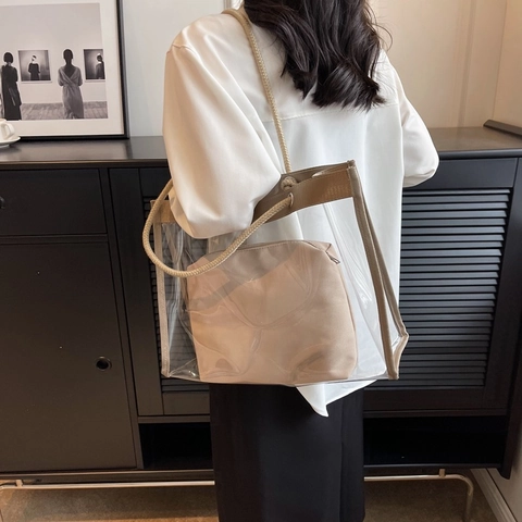 Transparente PVC Einkaufstasche Mit Seilgriff Jelly Strandtasche Für Damen Große Kapazität Schultertasche Mit Innentasche