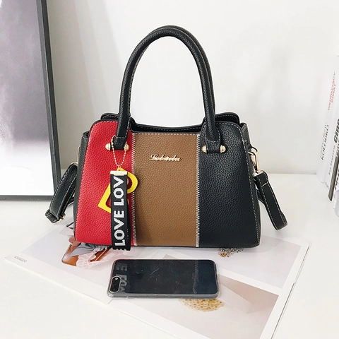 Damen Farbblock PU-Leder Handtasche Nähte Litschi-Muster Umhängetasche Große Kapazität Täglich Pendeln Geldbörse