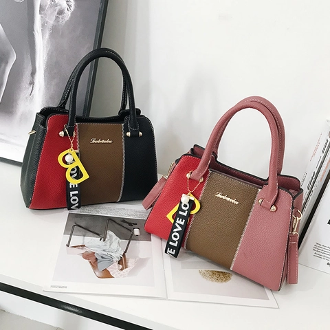 Damen Farbblock PU-Leder Handtasche Nähte Litschi-Muster Umhängetasche Große Kapazität Täglich Pendeln Geldbörse