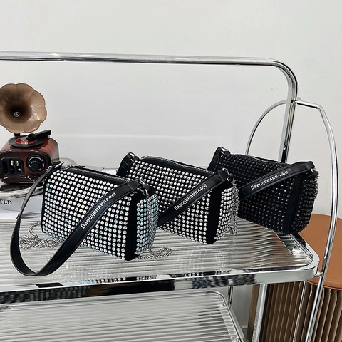Damen Mode Strass Zylinder Umhängetasche Luxus Kristall Eimertasche Mit Silbernem Metallkettenriemen Handtasche Für Party