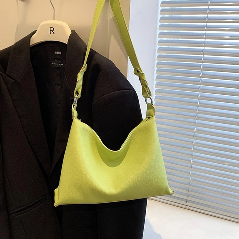 Women Minimalist Lychee Pattern PU Leather Hobo Bag Neon Green Black Tote Shoulder Underarm Bag With Braided Handle Commuting Handbag