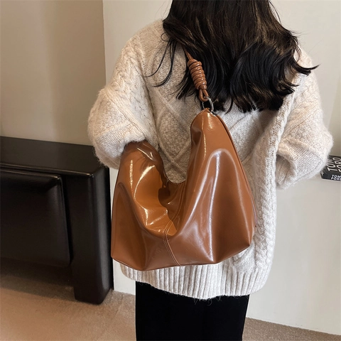 Damen Große Kapazität Glänzende PU Leder Tragetasche Mode Minimalistisch Hobo Schultertasche Mit Spiral Knotengurt Handtasche