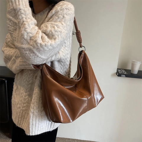 Damen Große Kapazität Glänzende PU Leder Tragetasche Mode Minimalistisch Hobo Schultertasche Mit Spiral Knotengurt Handtasche