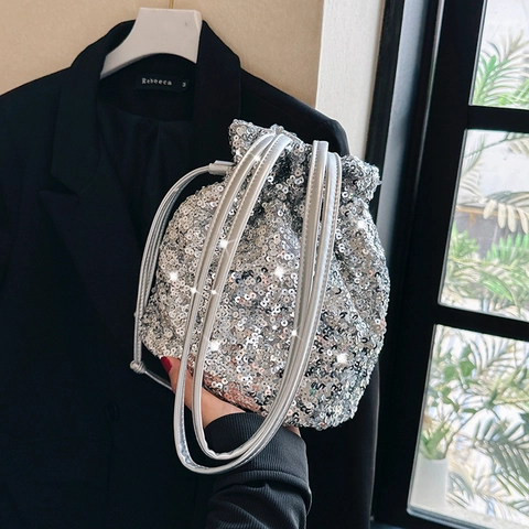 Damen Pailletten Beuteltasche Glänzend Kordelzug Umhängetasche Party Bankett Mode Handtasche Metallic Textur Zubehör