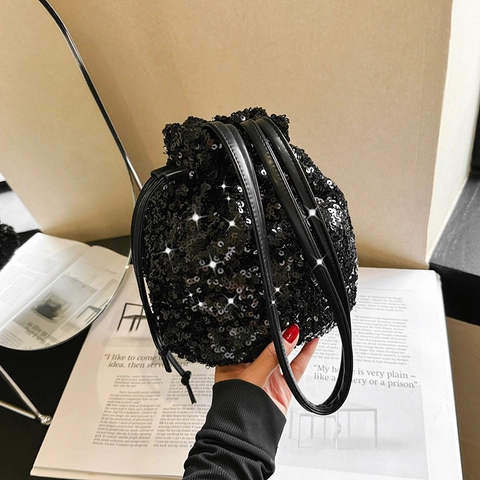 Damen Pailletten Beuteltasche Glänzend Kordelzug Umhängetasche Party Bankett Mode Handtasche Metallic Textur Zubehör