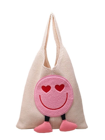 Women Cartoon Smiley Face Knit Tote Bag Large Capacity Cute Heart Eyes Crossbody Bucket Bag With 3D Legs Fashion Casual Woven Shoulder Bag