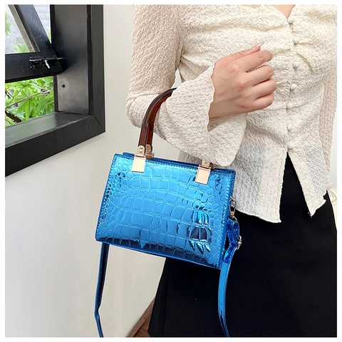Women Shiny Metallic PU Leather Handbag With Crocodile Pattern Resin Handle Retro Crossbody Satchel Bag For Party Travel