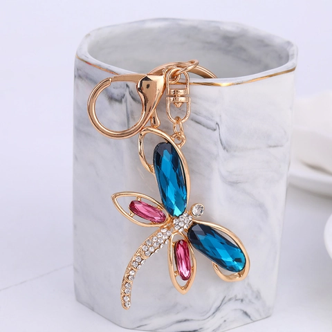 Luxury Rhinestone Dragonfly Keychain Crystal Inlaid Insect Pendant Gold Alloy Key Ring For Bag Car Key Decoration Gift