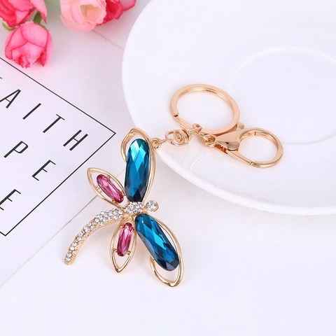 Luxury Rhinestone Dragonfly Keychain Crystal Inlaid Insect Pendant Gold Alloy Key Ring For Bag Car Key Decoration Gift