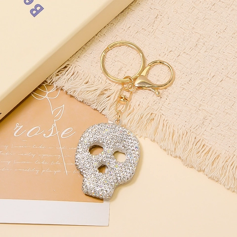 Rhinestone Skull Keychain For Women Metal Alloy Gold Plated Skeleton Bag Pendant Car Key Ring Halloween Gift Jewelry