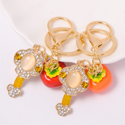 Gelukkige Emaille Kaki Sleutelhanger Met Strass Sleutelhanger Kattenoogsteen Metalen Sleutelring Voor Tas Hanger Vrouwen Sieraden Cadeau