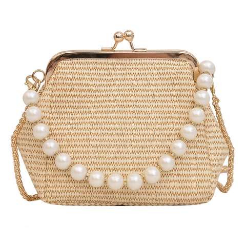 Vintage Gewebte Muschel Tasche Für Damen Mit Künstliche Perlengriff Und Goldener Kette Strohimitat Umhängetasche Ethnisch Stil Handtasche