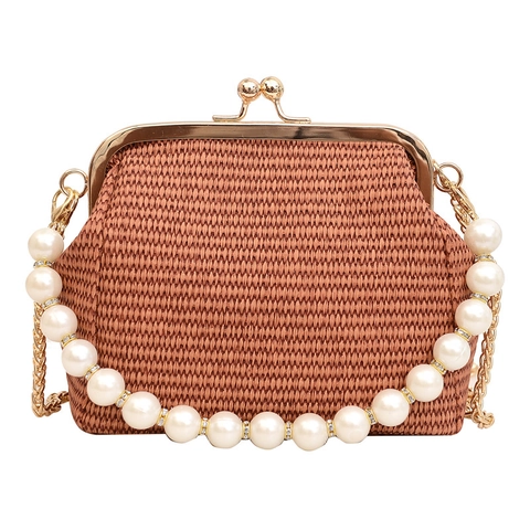 Vintage Gewebte Muschel Tasche Für Damen Mit Künstliche Perlengriff Und Goldener Kette Strohimitat Umhängetasche Ethnisch Stil Handtasche