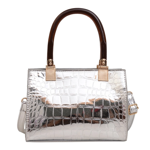 Women Shiny Metallic PU Leather Handbag With Crocodile Pattern Resin Handle Retro Crossbody Satchel Bag For Party Travel
