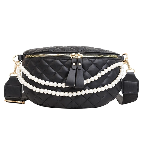 Women Fashion Quilted PU Leather Chest Bag With Double Artificial Pearl Chain Decoration Wide Adjustable Strap Crossbody Waist Bag