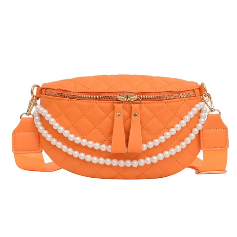 Women Fashion Quilted PU Leather Chest Bag With Double Artificial Pearl Chain Decoration Wide Adjustable Strap Crossbody Waist Bag