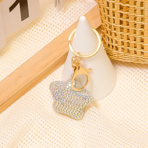 Porte-clés Étoile en Strass de Luxe pour Femmes Alliage d'Or Pentagramme Charme de Sac Avec Bracelet en Cuir Synthétique