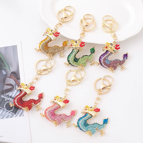 Portachiavi con Dragone dello Zodiaco Cinese in Lega di Zinco con Strass Placcato Oro Pendente per Borsa Accessorio Regalo Portafortuna