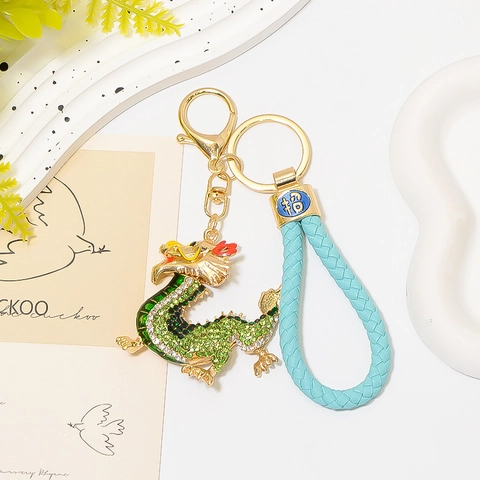 Portachiavi con Dragone dello Zodiaco Cinese in Lega di Zinco con Strass Placcato Oro Pendente per Borsa Accessorio Regalo Portafortuna