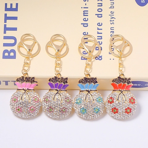 Porte-clés Sac de Fortune de Style Chinois Pendentif Sac d'argent en Alliage de Zinc Strass Émail Fleur Cadeau pour Femmes