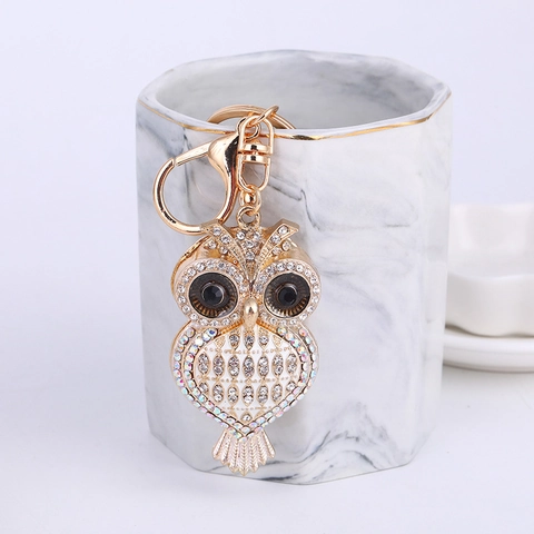 Portachiavi a Gufo Creativo Simpatico Animale Cartone Animato Strass Ciondolo Borsa Lega Zinco Oro Placcato Regalo Donna