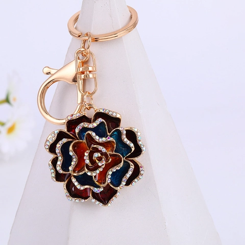 Portachiavi Rosa in Lega di Zinco Vintage Con Strass Smalto Ciondolo Borsa Floreale Anello Chiave Auto Regalo Donna