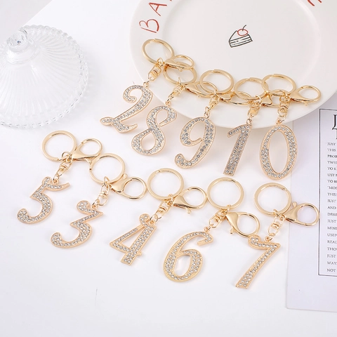 Rhinestone Inlaid Arabic Numeral 0-9 Keychains Gold Plated Zinc Alloy Number Pendant Bag Accessories Fashion Jewelry Keychain Gift