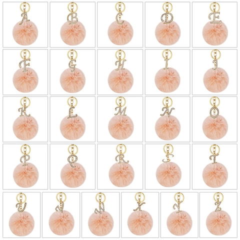 Rhinestone Alloy Alphabet Keychain With Faux Fur Pom Pom Gold Clasp Sparkly Initial Letter Bag Charm For Women Gift