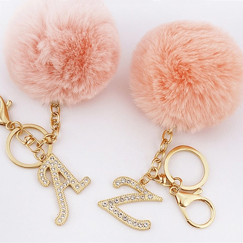 Rhinestone Alloy Alphabet Keychain With Faux Fur Pom Pom Gold Clasp Sparkly Initial Letter Bag Charm For Women Gift