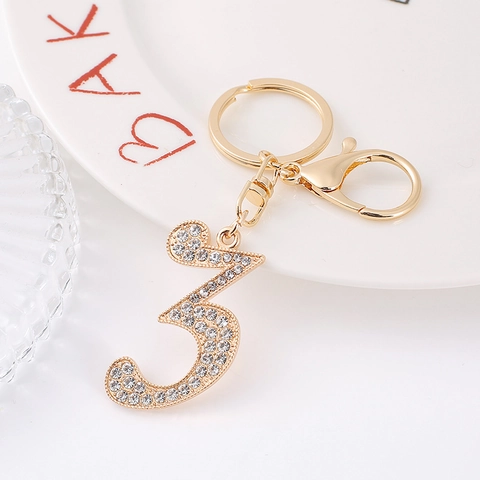 Rhinestone Inlaid Arabic Numeral 0-9 Keychains Gold Plated Zinc Alloy Number Pendant Bag Accessories Fashion Jewelry Keychain Gift