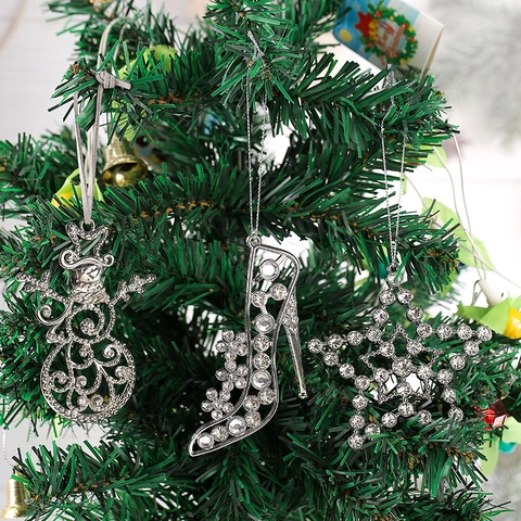 Rhinestone Christmas Tree Ornaments Silver Zinc Alloy Hanging Snowman Star High Heel Shoe Decor For Festive Home Party
