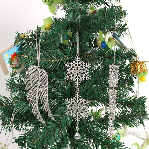 Rhinestone Snowflake Feather Angel Wing Hanging Ornament Christmas Tree Decoration Silver Zinc Alloy Festive Home Decor Pendant