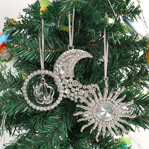 Rhinestone Sun Moon Star Christmas Hanging Ornaments Silver Alloy Sparkling Tree Decor Car Rearview Mirror Pendant Gift