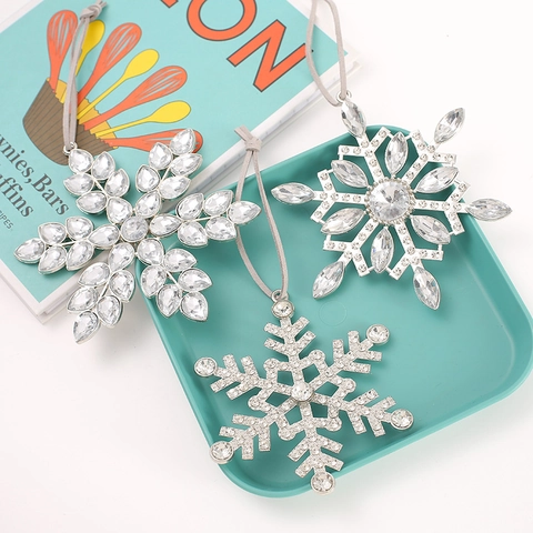 Silver Christmas Snowflake Hanging Ornament Rhinestone Zinc Alloy Pendant For Christmas Tree Window Home Festive Decor
