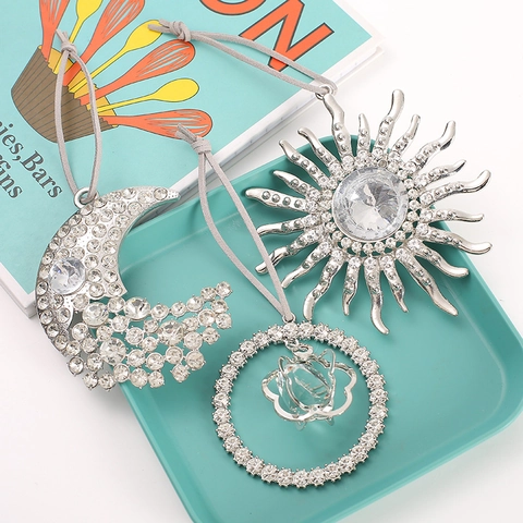 Rhinestone Sun Moon Star Christmas Hanging Ornaments Silver Alloy Sparkling Tree Decor Car Rearview Mirror Pendant Gift
