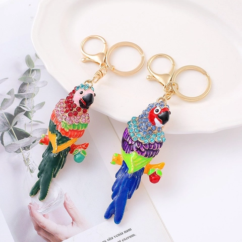 Llavero de Loro con Strass Dije para Bolso de Pájaro en Esmalte Colorido Aleación de Zinc Animal Brillante Anillo de Llave para Accesorios de Bolso Mujer Regalo