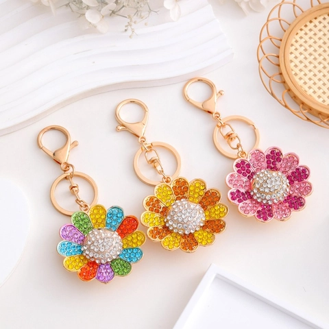 Llavero de Girasol de Aleación de Zinc con Diamantes de Imitación Colgante de Bolsa de Flor de Cara Sonriente Mujer