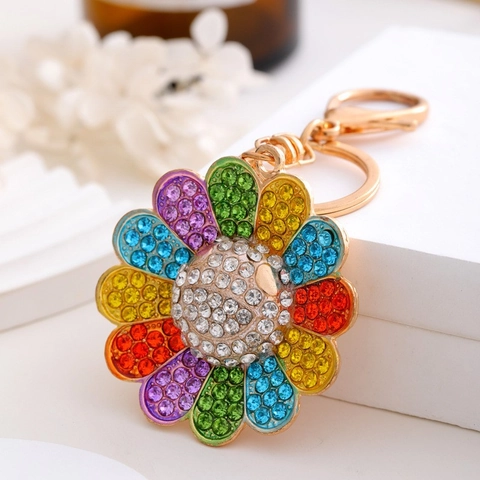 Llavero de Girasol de Aleación de Zinc con Diamantes de Imitación Colgante de Bolsa de Flor de Cara Sonriente Mujer