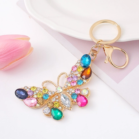 Butterfly Rhinestone Keychain Zinc Alloy Metal Insect Bag Charm Gift For Women Gold Silver Colorful Crystal Keyring Accessory