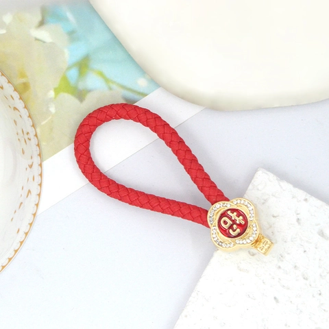 Rhinestone Four-Leaf Clover Braided Rope Keychain Metal Lucky Chinese Character Double-Sided Crystal Key Ring For Car Bag