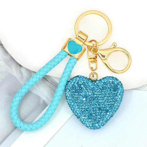 Portachiavi a Forma di Cuore con Strass a Doppia Faccia e Corda in Pelle PU Intrecciata Pendente per Borsa in Lega Placcata Oro Regalo