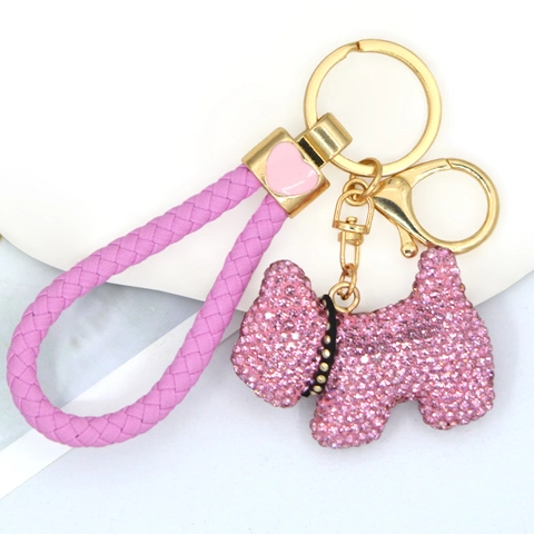 Portachiavi Cane con Strass Luccicanti con Cordino in Pelle PU Intrecciata Ciondolo a Cuore Pendaglio Borsa Gioiello Donna Regalo