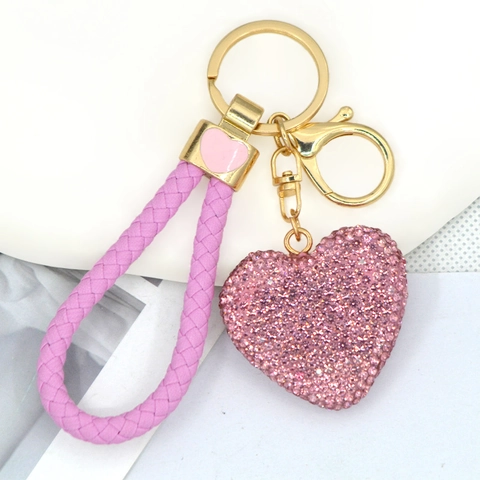 Portachiavi a Forma di Cuore con Strass a Doppia Faccia e Corda in Pelle PU Intrecciata Pendente per Borsa in Lega Placcata Oro Regalo